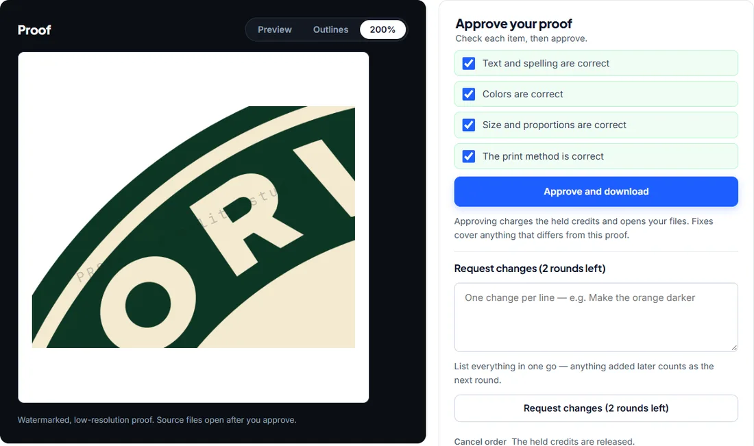 A proof page: the watermarked preview with Preview, Outlines and 200% views, and four items to tick before you approve